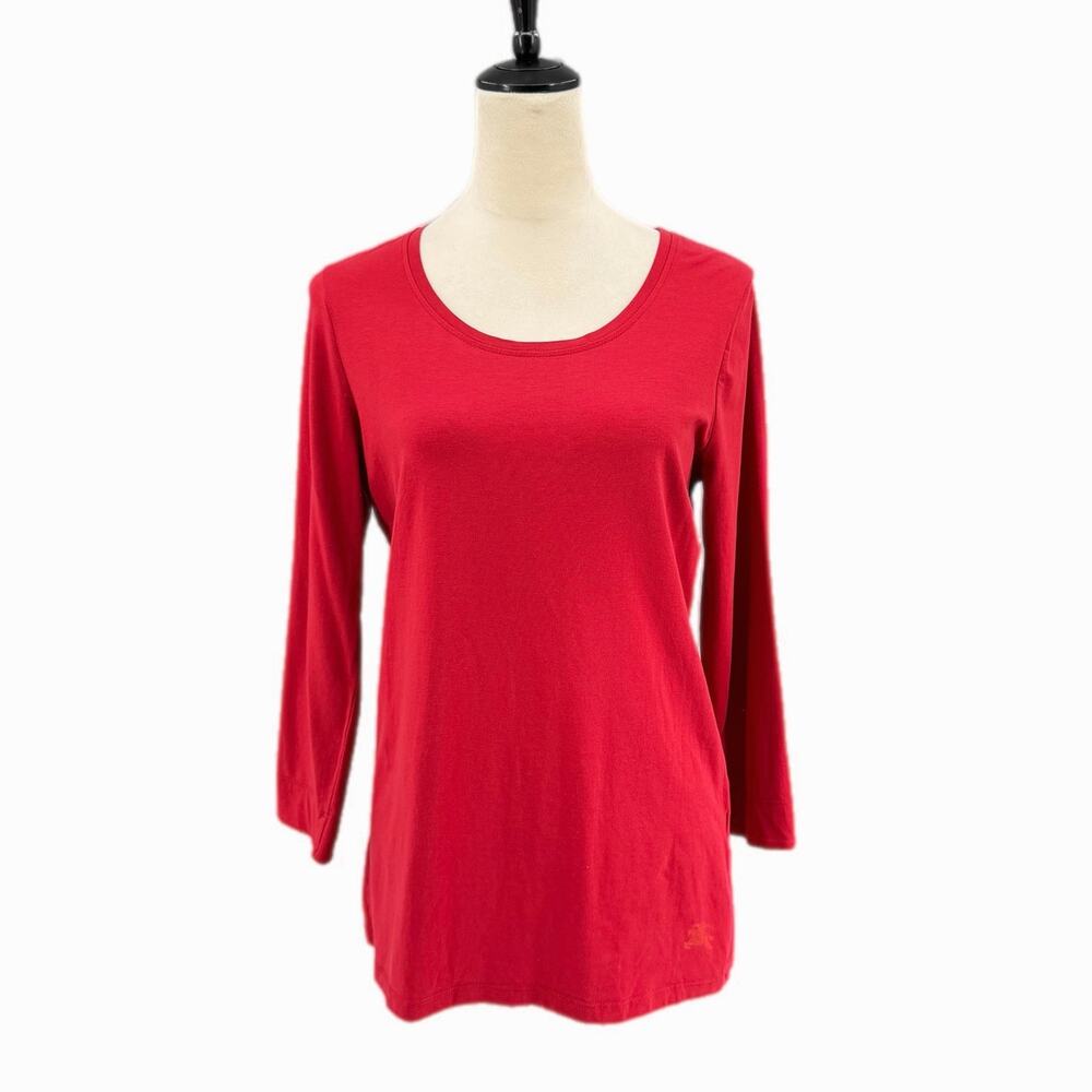 Burberry Brit Red Scoop Neck 3/4  Sleeve Check Cuff Cotton Logo Basic Casual Tee